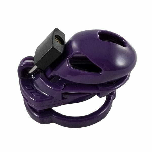 Angled view of the Small Chastity Cage Vice Mini Device in Purple for a Locked Sissy