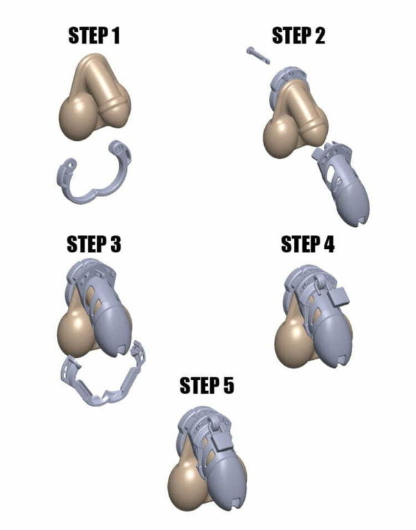 Five steps displaying the assembly process for The Vice Chastity Device