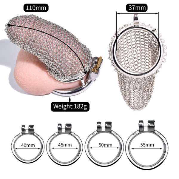 XL chainmail chastity with all ring sizes in front view