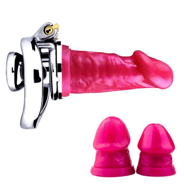 pink flathead metal male chastity cage with dildo