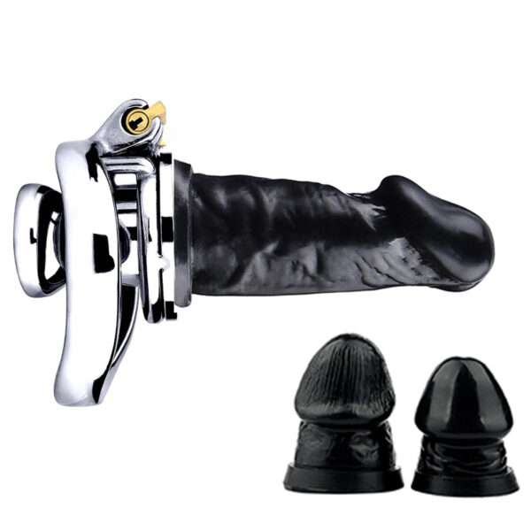 black flathead metal male chastity cage with dildo