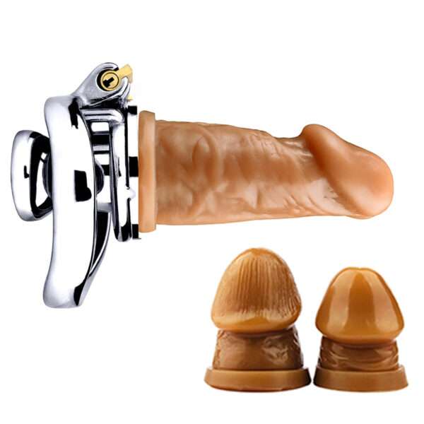 flesh flathead metal male chastity cage with dildo