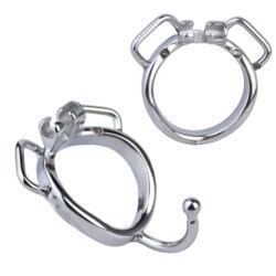 curved chastity ring with strap anchor and hook front and tilted view