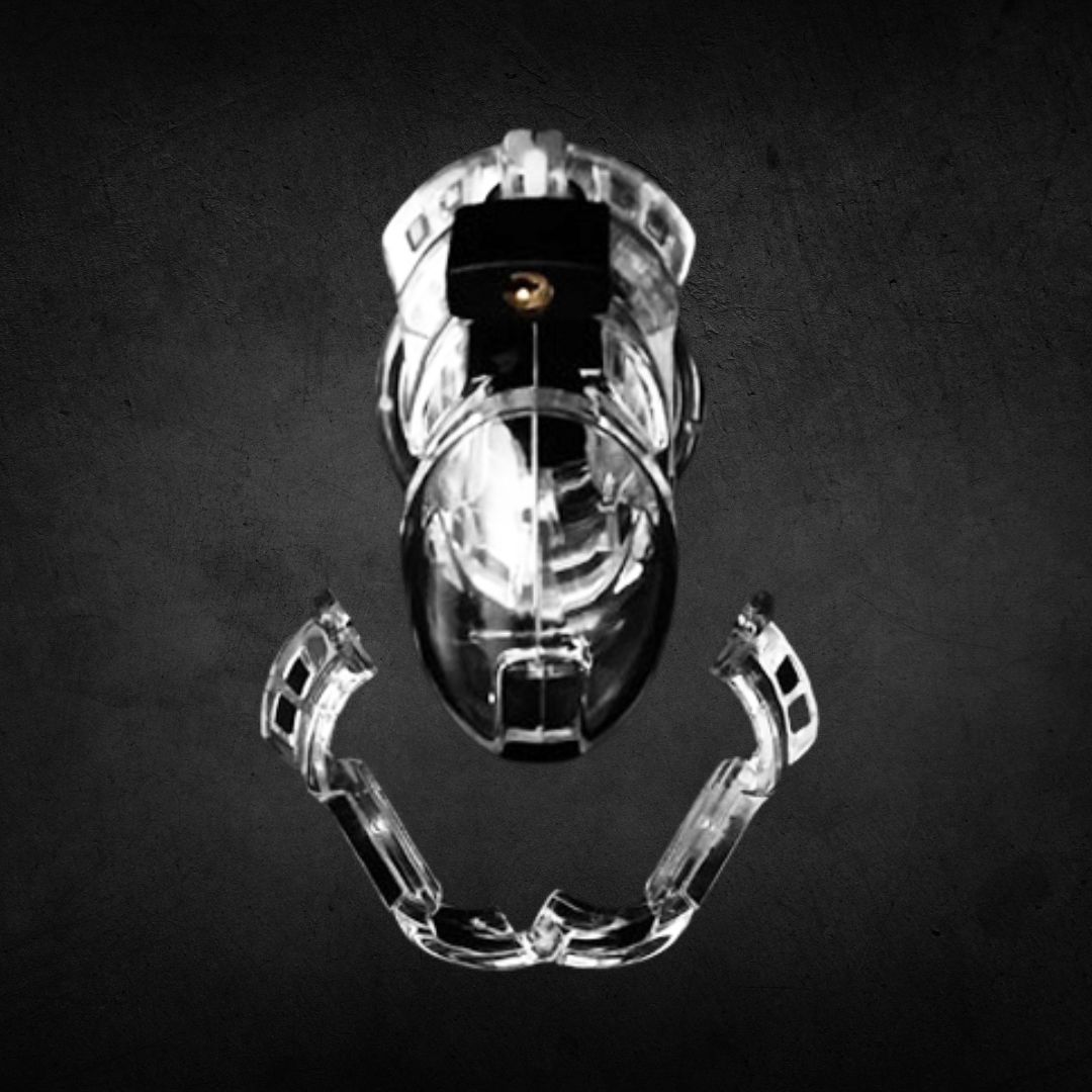 signature frontal view of The Vice chastity cage with anti-pullout opened underneath